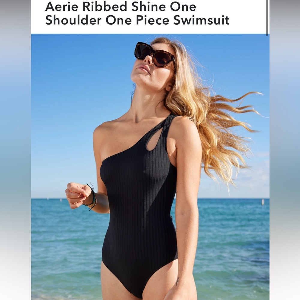 NWT Aerie Black Ribbed One Shoulder Swimsuit